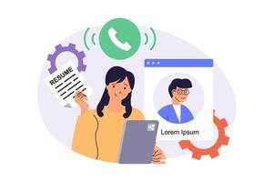 Online job interview web concept with flat cartoon people for website design. Woman working as HR, searching new employees, selecting cv, interviewing candidates by call. illustration. vector