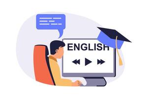 Studying foreign language online web concept with flat cartoon people for website design. Man learning english with internet course, watching at computer, gets vocabulary. illustration. vector