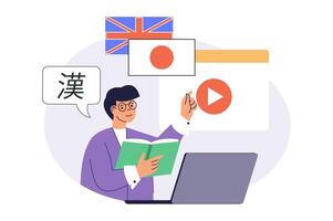 Studying foreign language online web concept with flat cartoon people for website design. Man learning japanese with internet course, watching at laptop and reading books. illustration. vector