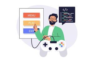 game developer web concept with flat cartoon people for website design. Man programming and coding at game project, creating navigation buttons with menu, play and exit. illustration. vector