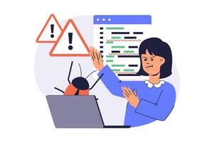 Software testing web concept with flat cartoon people for website design. Woman making analysis and finding errors in program, fighting bugs and debugging code, working at laptop. illustration. vector
