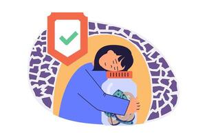 Saving money web concept with flat cartoon people for website design. Woman hugging glass jar where collecting coins with financial strategy, feeling stability and safety shield. illustration. vector