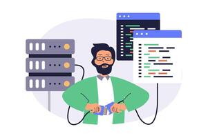 System administrator web concept with flat cartoon people for website design. Man monitoring server infrastructure, does maintenance update and optimization, fixing code problems. illustration. vector