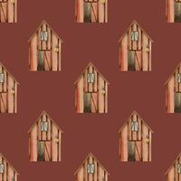 House, farm, barn or shed for storing grain, hay and tools. Seamless watercolor pattern. All objects are hand painted with watercolor. Suitable for wallpaper in a child's room, for textiles, printing vector