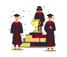 Trio of multiethnic students wearing gown and cap at graduation ceremony. Golden goblet on a pile of books and confetti around. Flat modern illustration. Full height characters. vector