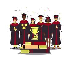 Group of multiethnic students wearing gown and cap at graduation ceremony. Golden goblet on a pile of books and confetti around. Flat modern illustration. Full height characters. vector