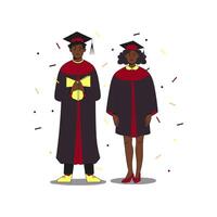 Two black students wearing gown and cap at graduation ceremony standing in on the scene. Confetti flying around. Flat modern illustration. Full height characters. vector