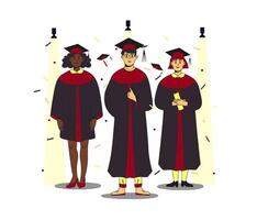 Trio of multiracial students wearing gown and cap at graduation ceremony standing in the spotlight on the scene. Throwing caps and confetti around. Flat modern illustration. Full height characters. vector