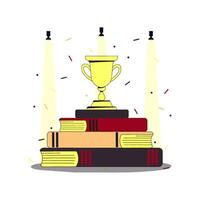Golden trophy standing on a pile of books in a spotlight on the scene. Confetti flying around. Flat modern illustration. Full height characters. vector