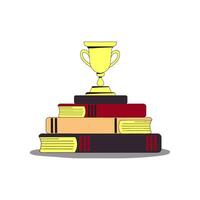 Golden trophy standing on a pile of books. Symbol of knowledge at graduation ceremony. Flat modern illustration. Full height characters. vector