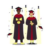 Two multiracial students wearing gown and cap at graduation ceremony standing in the spotlight on the scene. Throwing caps and confetti around. Flat modern illustration. Full height characters. vector