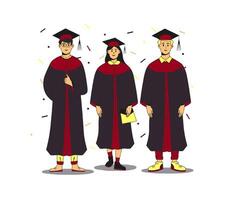 Trio of multiracial students wearing gown and cap at graduation ceremony standing on the scene with flying confetti around. Flat modern illustration. Full height characters. vector