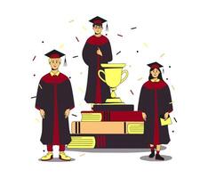 Trio of multiracial students wearing gown and cap at graduation ceremony. Golden goblet on a pile of books and confetti around. Flat modern illustration. Full height characters. vector