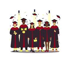 Group of multiethnic students wearing gown and cap at graduation ceremony standing in the spotlight on the scene. Flat modern illustration. Full height characters. vector