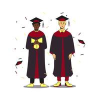 Two multiracial students wearing gown and cap at graduation ceremony standing on the scene. Throwing caps and confetti around. Flat modern illustration. Full height characters. vector