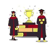 Couple of multiethnic students wearing gown and cap at graduation ceremony. Golden goblet on a pile of books and confetti around. Flat modern illustration. Full height characters scene. vector