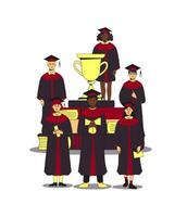 Group of multiethnic students wearing gown and cap at graduation ceremony. Golden goblet on a pile of books and confetti around. Flat modern illustration. Full height characters. vector