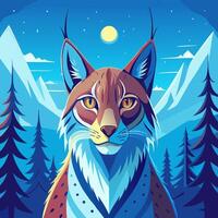 Lynx in Winter Forest with Snowy Mountains Under Moonlight. vector