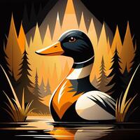 Stylized Duck Swimming in a Serene Pond at Sunset with Reflections vector