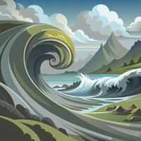 Powerful Sea Wave Rolling Towards the Coast with Scenic Mountain View vector