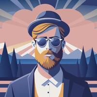 Stylish Bearded Man in Hat and Sunglasses with Mountain Background vector