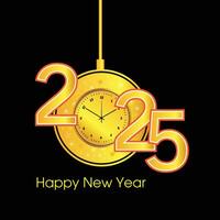 Happy New Year 2025. New Year black background with gold clock Festive design template vector