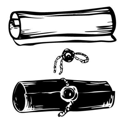 Roll and parchment scroll Illustration. drawing of a document and papyrus paper on an isolated background. Linear drawing painted in black inks. Engraving of education, storytelling, paper.