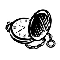 Pocket watch Illustration. drawing of a antique clock on an isolated background. Linear drawing painted in black inks. Engraving collectible heirloom, wristwatch. vector