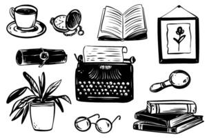 Etched supplies like book, cup, and scroll in black outline style on white background. Collection of supplies, including typewriter and candle, in simple black line art style. vector