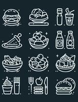 A set of food icons on a black background, line art fast food icons. vector