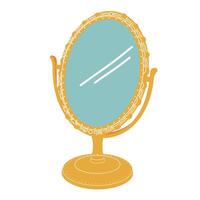 Small retro makeup mirror in circle frame on stand. vector