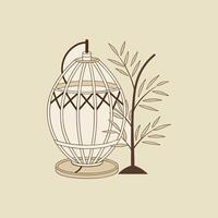 A bird cage with a bamboo plant in the background vector