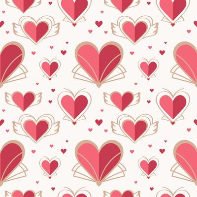 Seamless pattern with hearts in Art Deco style. Hand drawn festive repeating background for Valentine day, congratulation. Design for print, textile, wrapping, paper, postcard, banner, flyer