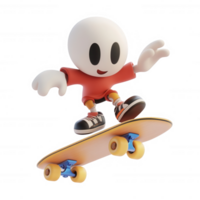 A cheerful cartoon character skateboarding with style and excitement. png