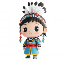 A cheerful cartoon character dressed in traditional Native attire with feathers. png