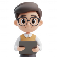Cheerful cartoon character using a tablet, embodying creativity and modern technology. png