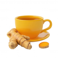 A vibrant yellow cup of turmeric tea with fresh roots and a slice of turmeric. png