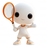 A cute cartoon character ready to play tennis with a racket and cheerful expression. png