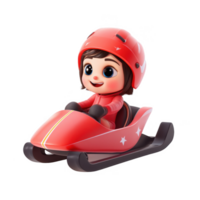 A cheerful child in a red sled wearing a helmet, ready for an exciting winter adventure. png