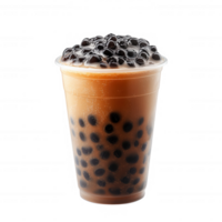 A refreshing bubble tea with tapioca pearls in a clear cup, perfect for hot days. png