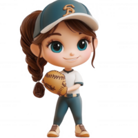 A cheerful girl dressed in a baseball uniform, ready to play with her glove and ball. png
