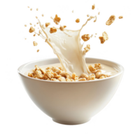 A bowl of cereal splashing milk, creating a dynamic and appetizing scene. png