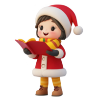 A cheerful child in holiday attire reading a book with joy and excitement. png