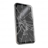 A close-up image of a broken smartphone with a cracked screen. png