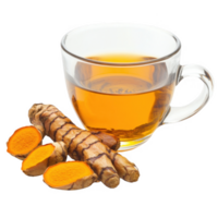 A refreshing cup of turmeric tea with fresh turmeric root beside it. png