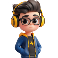 A cheerful young boy with headphones enjoying a fun moment in a playful setting. png