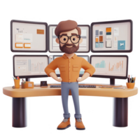 3D illustration of a confident man in a modern office with multiple monitors. png