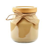 A jar of creamy nut butter, elegantly packaged with a rustic touch. png
