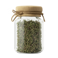 A glass jar filled with dried thyme, perfect for culinary uses and decoration. png