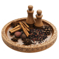 A wooden tray filled with various spices and seasoning tools for culinary delights. png